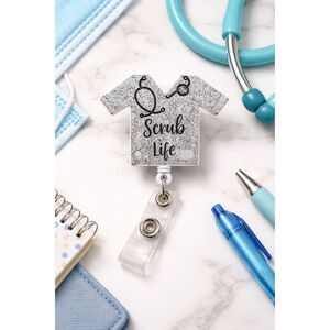 Scrub Life Badge Reel Silver Glitter Nurse Badge Holder Retractable ID Clip